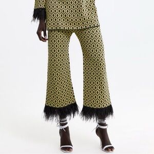 Zara Green and Black Patterned Wide Leg  crop jacquard feather trim pants
